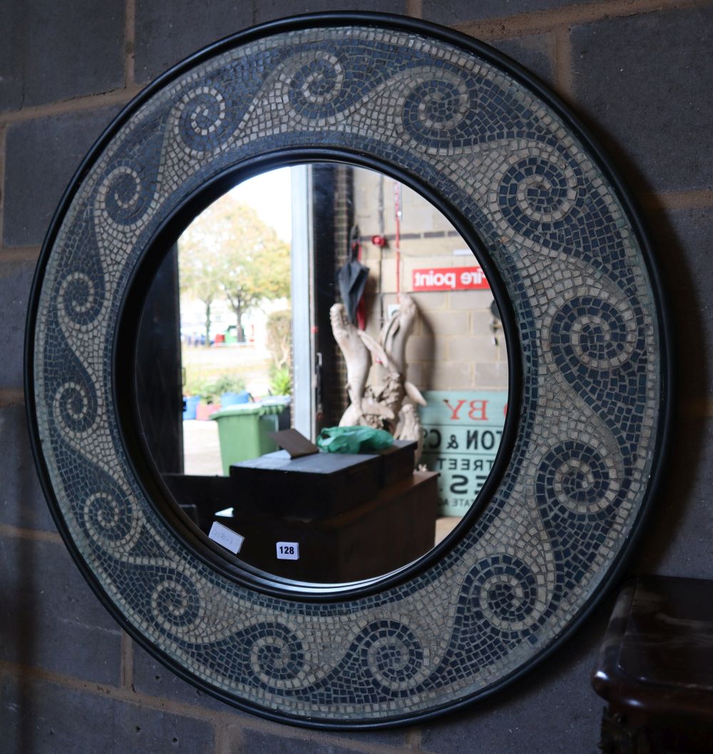 A circular mosaic wall mirror, 94cm diameter